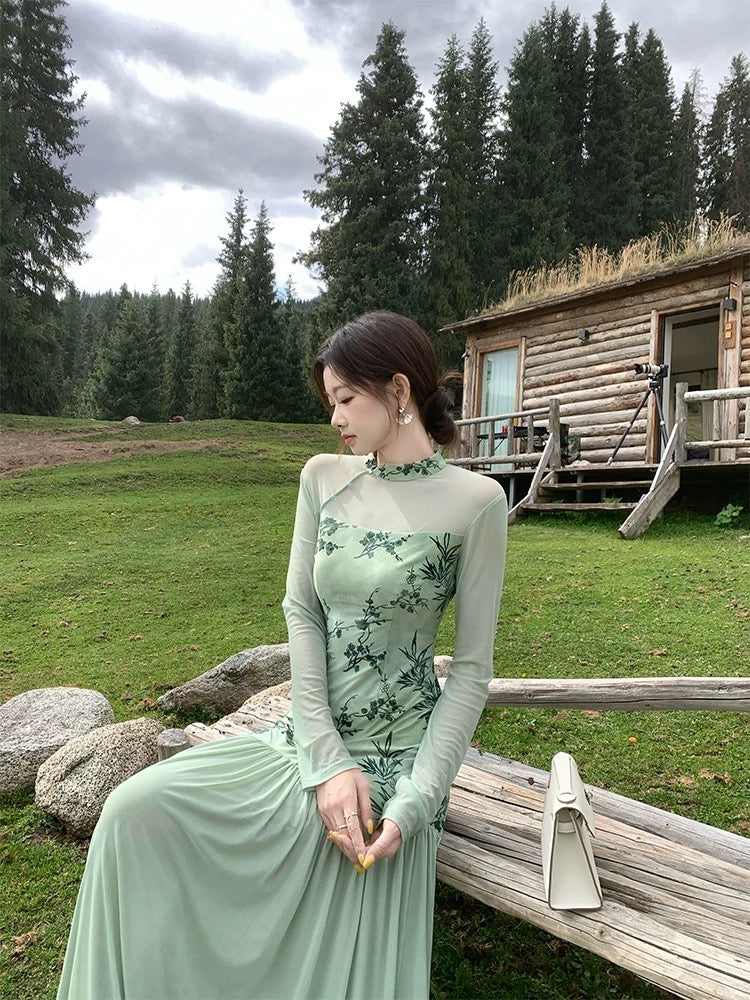 青山雾 长袖新中式温婉清雅旗袍 Qingshanwu Long-Sleeve New Chinese-Style Elegant Cheongsam