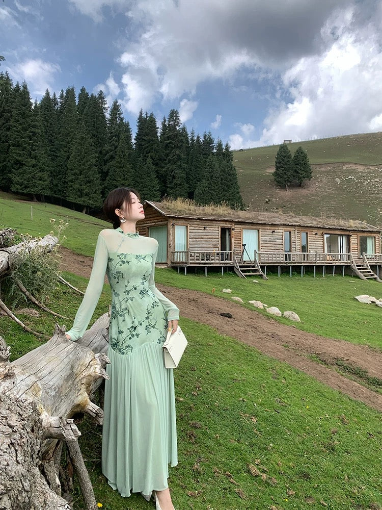 青山雾 长袖新中式温婉清雅旗袍 Qingshanwu Long-Sleeve New Chinese-Style Elegant Cheongsam