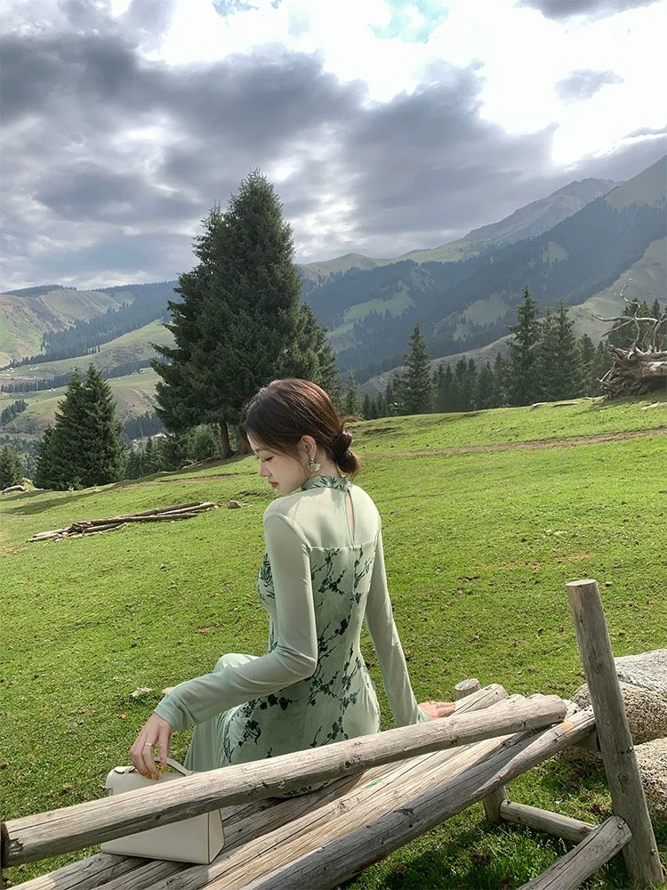 青山雾 长袖新中式温婉清雅旗袍 Qingshanwu Long-Sleeve New Chinese-Style Elegant Cheongsam