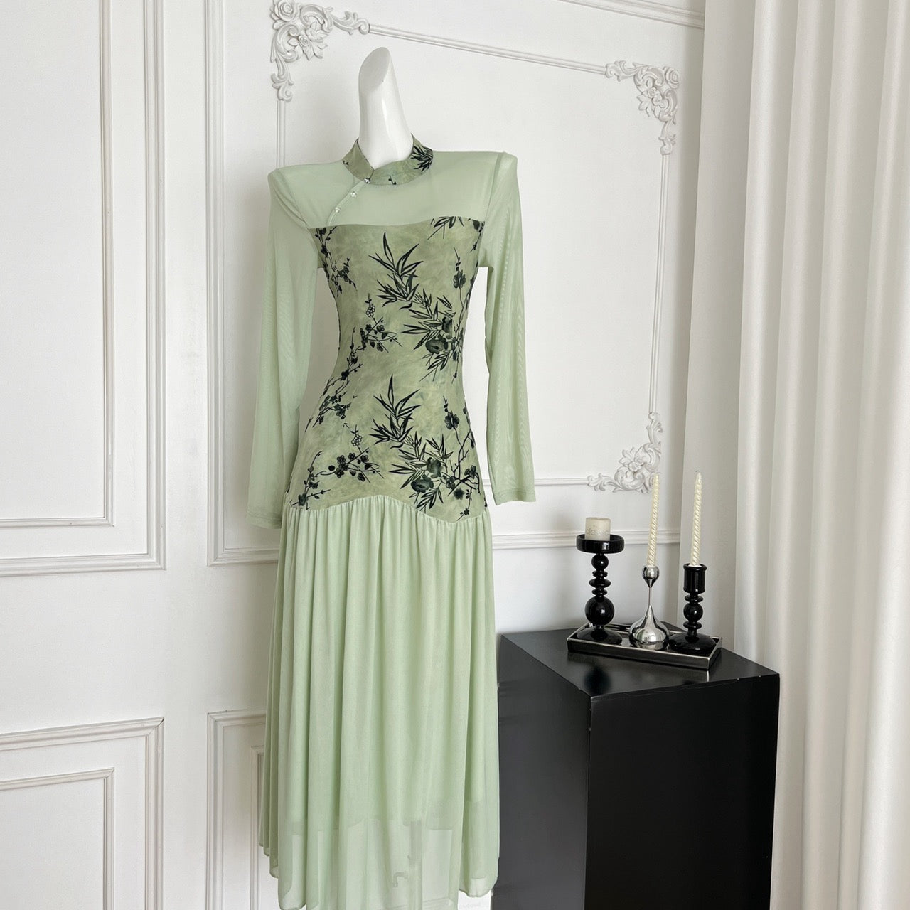 青山雾 长袖新中式温婉清雅旗袍 Qingshanwu Long-Sleeve New Chinese-Style Elegant Cheongsam