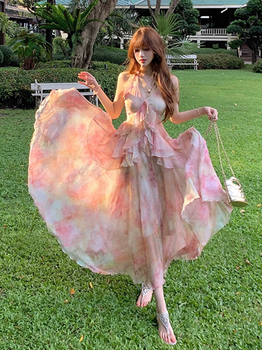 爱神来信 挂脖渐层荷叶边连衣裙 Love Letter from Cupid Halter Neck Ruffled Ombre Dress