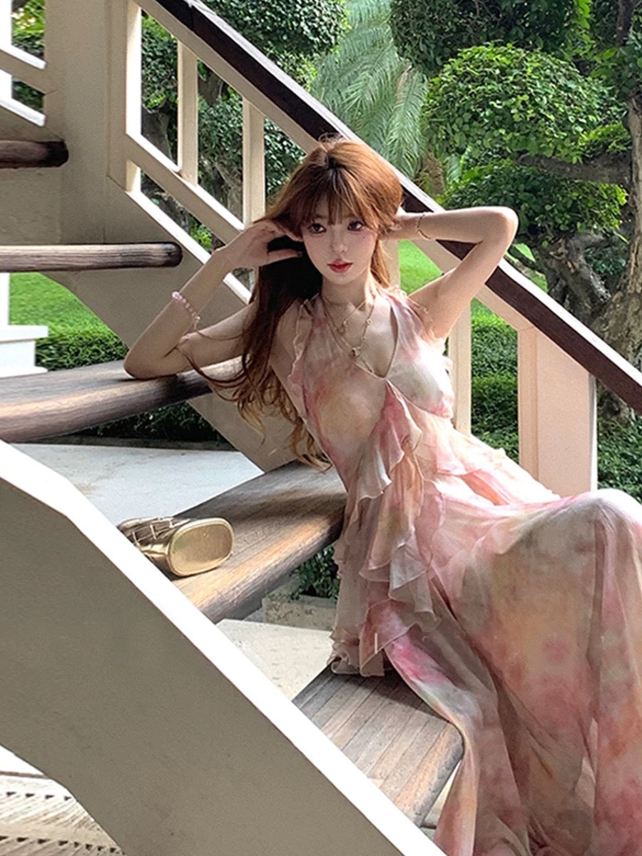 爱神来信 挂脖渐层荷叶边连衣裙 Love Letter from Cupid Halter Neck Ruffled Ombre Dress