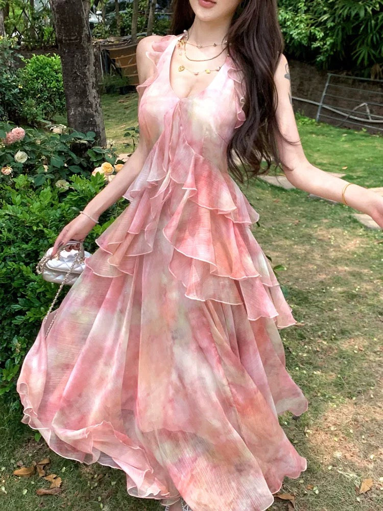 爱神来信 挂脖渐层荷叶边连衣裙 Love Letter from Cupid Halter Neck Ruffled Ombre Dress