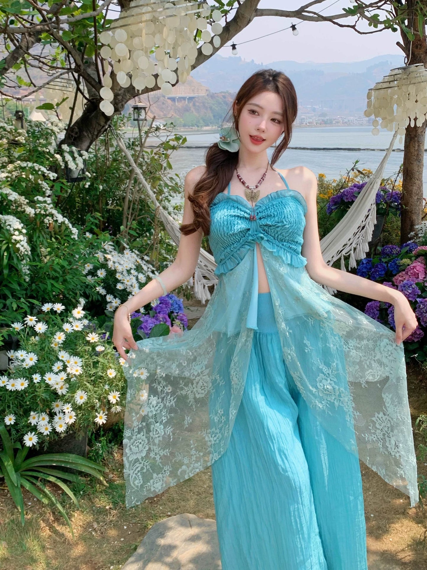 彩色云南 薄荷绿夏日吊带阔腿裤套装 Colorful Yunnan Mint Green Summer Cami & Wide-Leg Pants Set