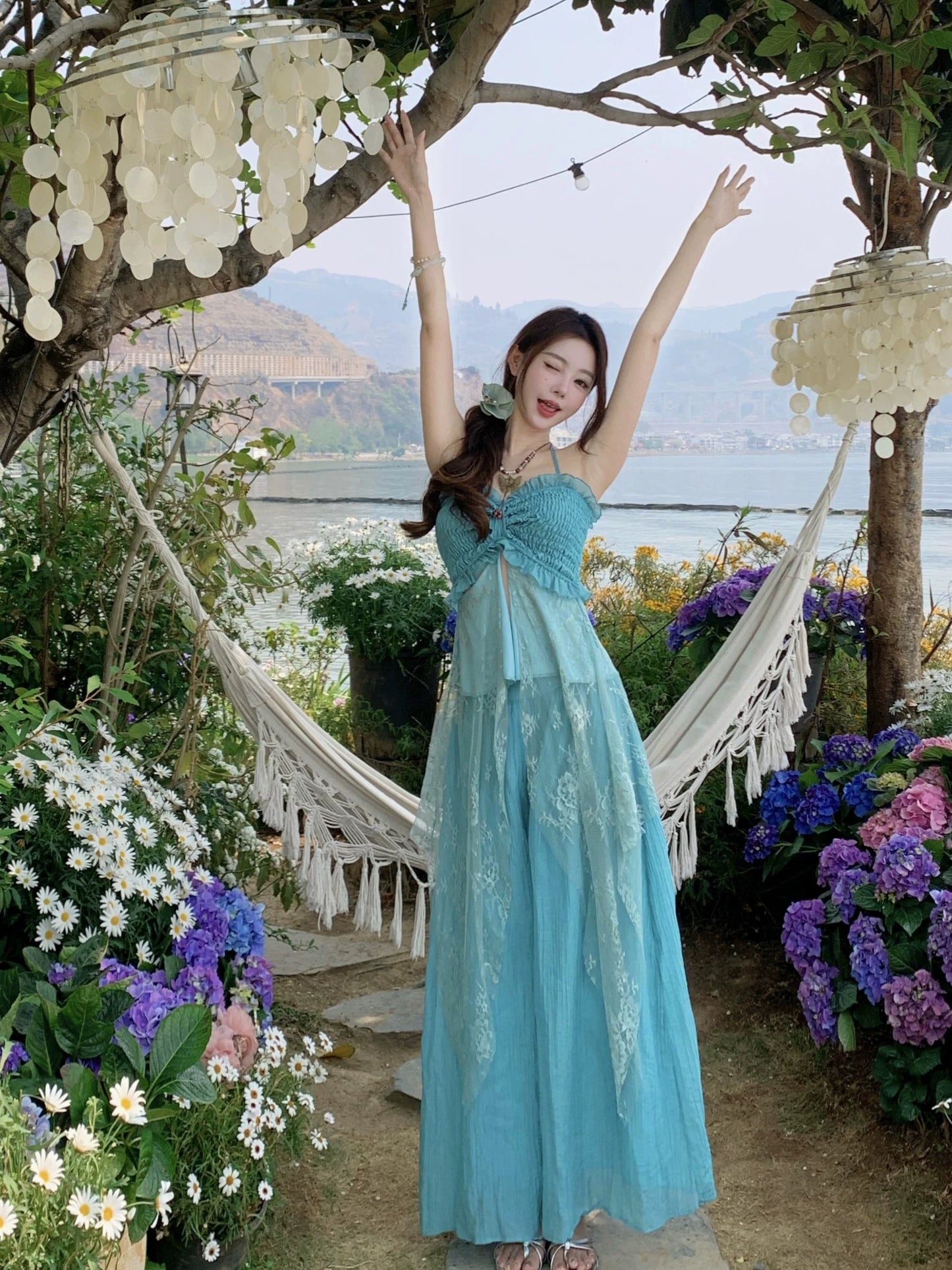 彩色云南 薄荷绿夏日吊带阔腿裤套装 Colorful Yunnan Mint Green Summer Cami & Wide-Leg Pants Set