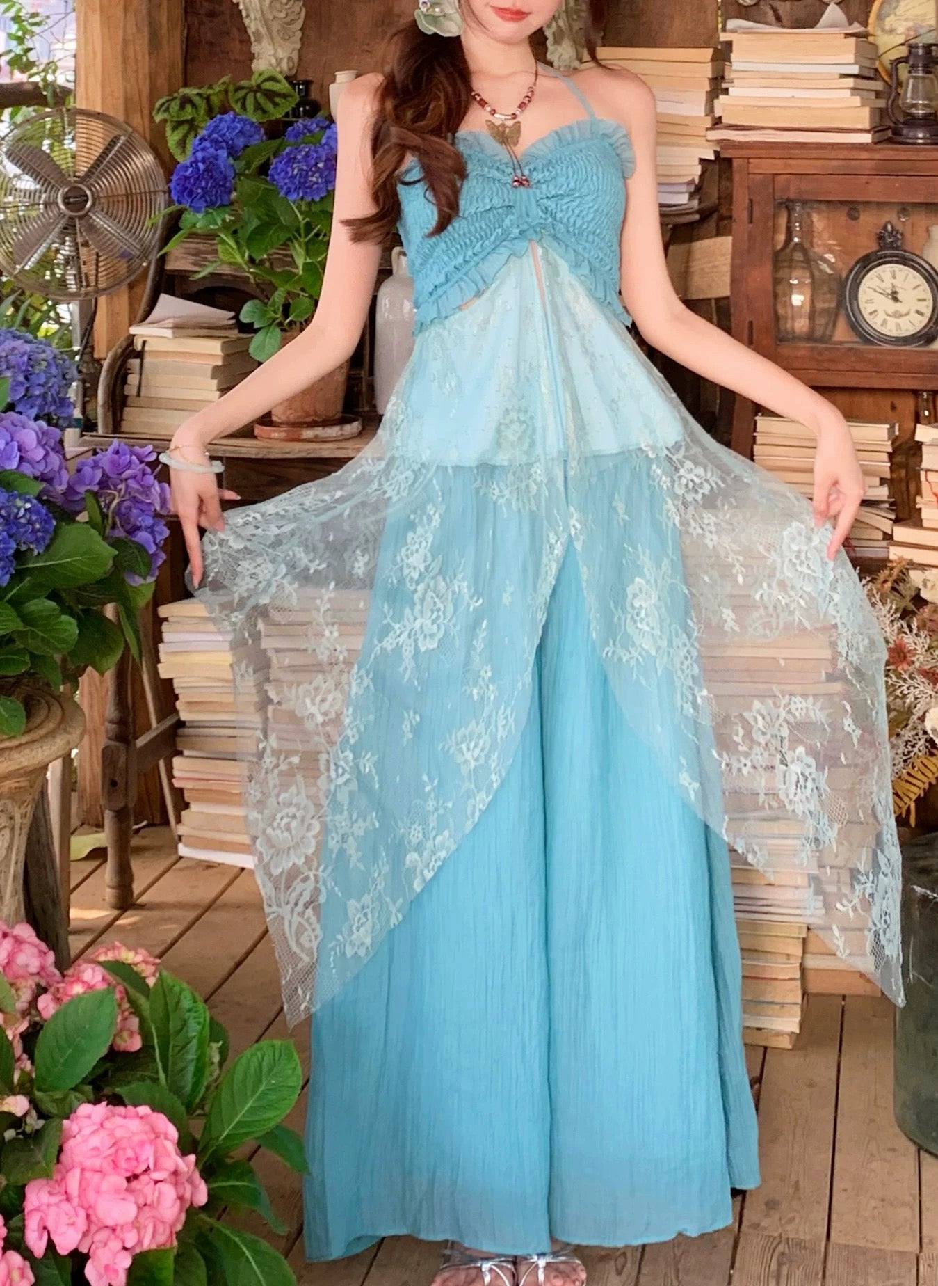 彩色云南 薄荷绿夏日吊带阔腿裤套装 Colorful Yunnan Mint Green Summer Cami & Wide-Leg Pants Set