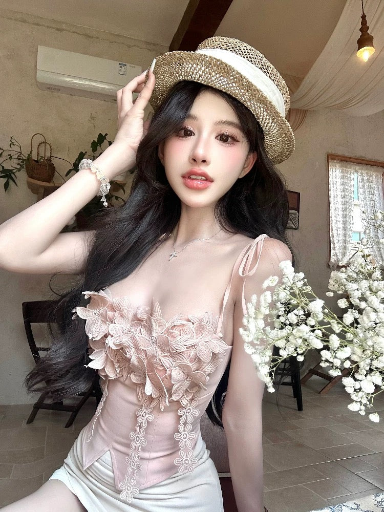 绣花杏雨 花花泰式抹胸上衣 Apricot Rain Floral Thai-Style Tube Top