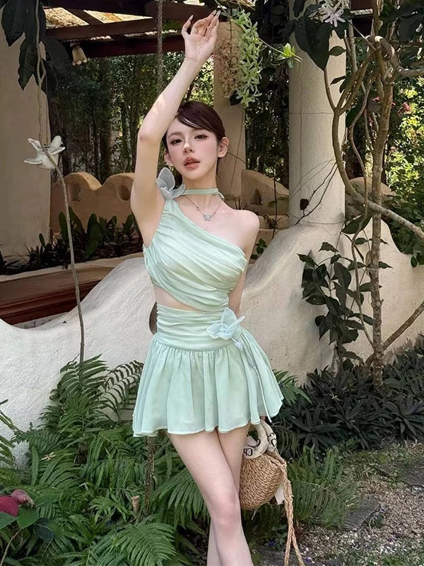 丝萝乔木 斜肩露腰网纱连衣裙 Silk Vine & Tall Tree One-Shoulder Mesh Dress with Cutout Waist