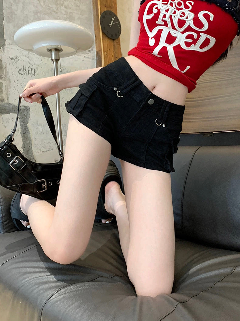 美式学妹 工装设计牛仔短裤 American Schoolgirl-Inspired Utility Denim Shorts