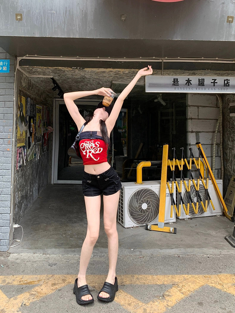 美式学妹 工装设计牛仔短裤 American Schoolgirl-Inspired Utility Denim Shorts