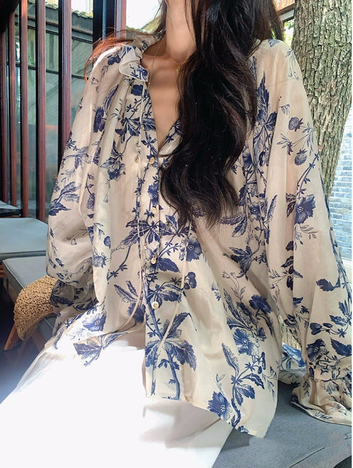 青花瓷 新中式穿搭国风宽松衬衫 Blue and White Porcelain Loose-Fit Shirt in New Chinese Style