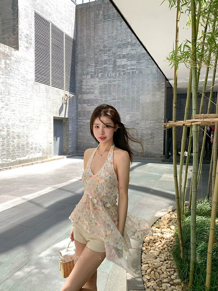 甜美歌颂 挂脖粉系碎花上衣 Sweet Ode Halter Neck Pink Floral Top