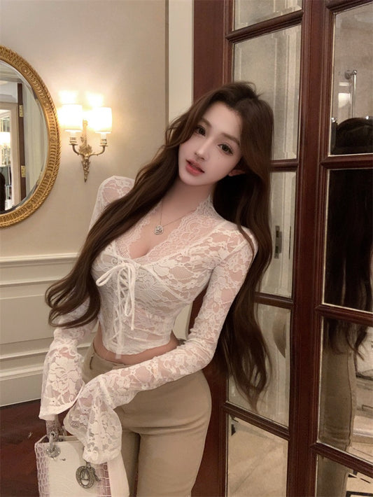 黑天鹅 V领蕾丝镂空长袖上衣 Black Swan V-neck Hollow-out Lace Long Sleeve Top