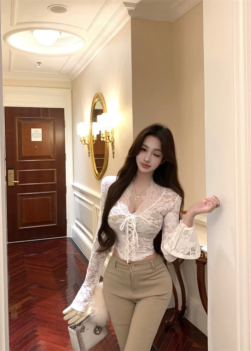 黑天鹅 V领蕾丝镂空长袖上衣 Black Swan V-neck Hollow-out Lace Long Sleeve Top