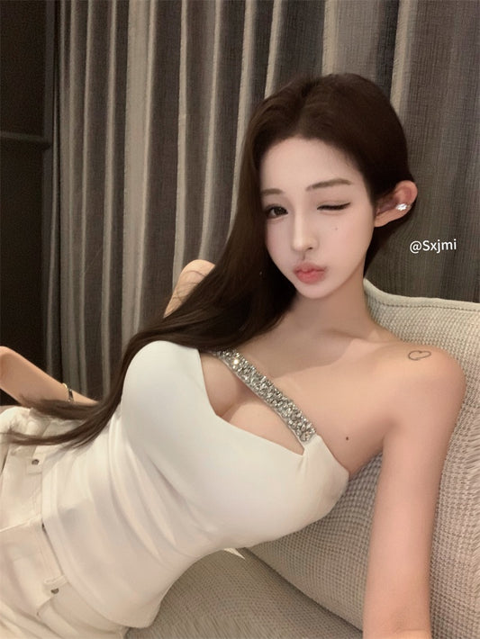 人间富贵花 抹胸钻链带胸垫上衣Rich Girl Aesthetics Diamond Chain Tube Top (with pads)