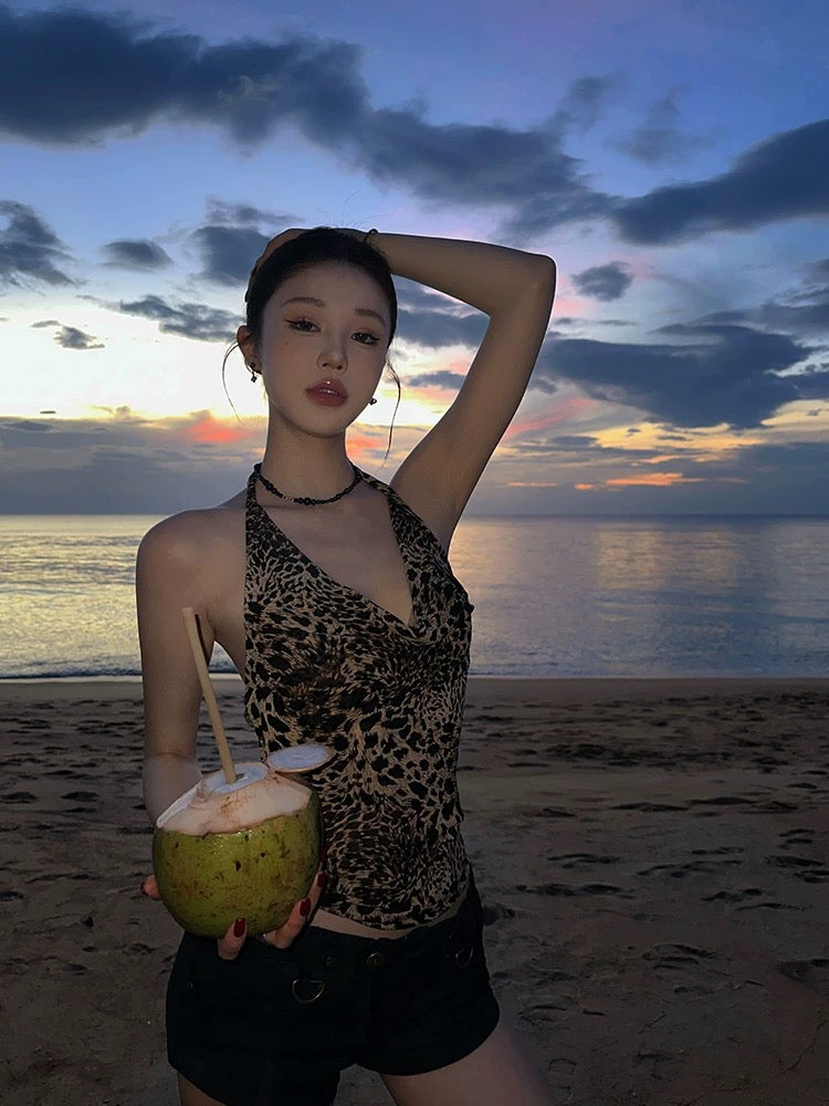 豹纹辣妹 性感挂脖豹纹吊带上衣 Leopard Print Baddie Sexy Halter Leopard Cami Top