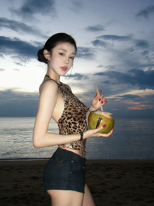 豹纹辣妹 性感挂脖豹纹吊带上衣 Leopard Print Baddie Sexy Halter Leopard Cami Top