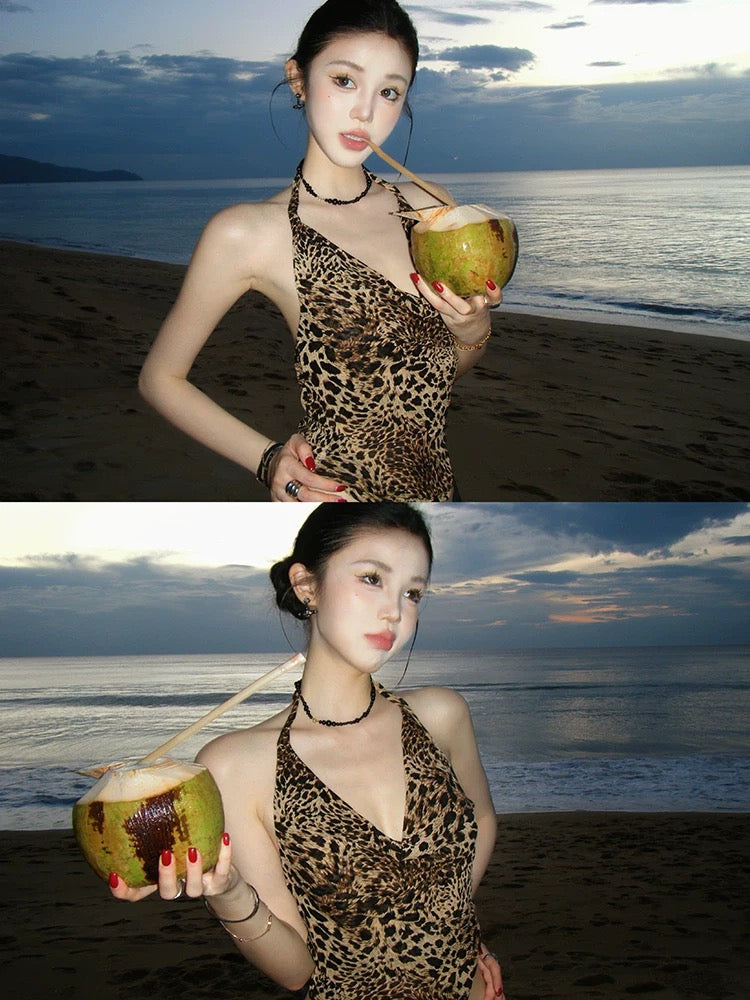 豹纹辣妹 性感挂脖豹纹吊带上衣 Leopard Print Baddie Sexy Halter Leopard Cami Top