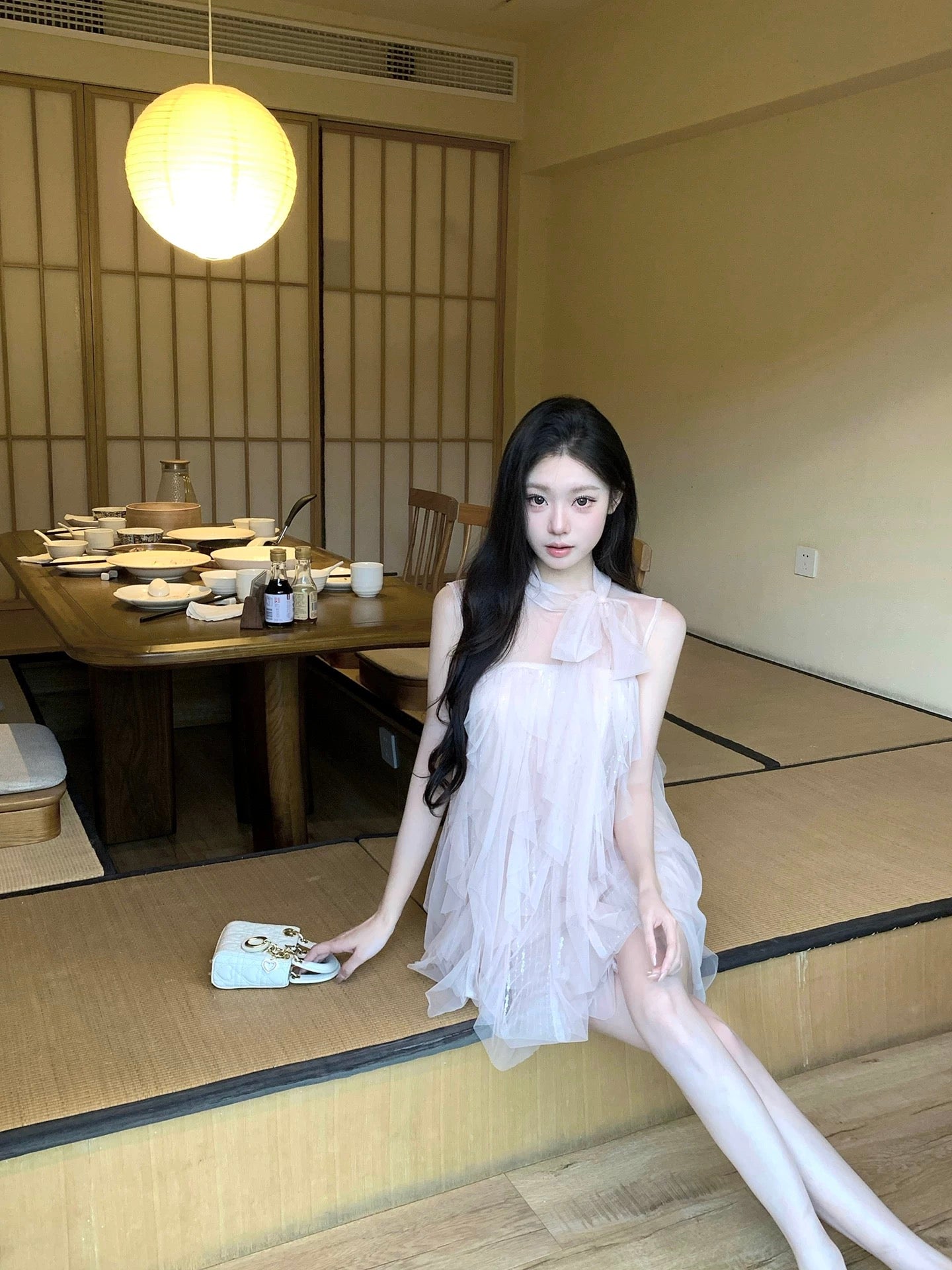 粉雾香氛 蝴蝶结不规则网纱裙 Pink Mist Fragrance Irregular Tulle Dress with Bow