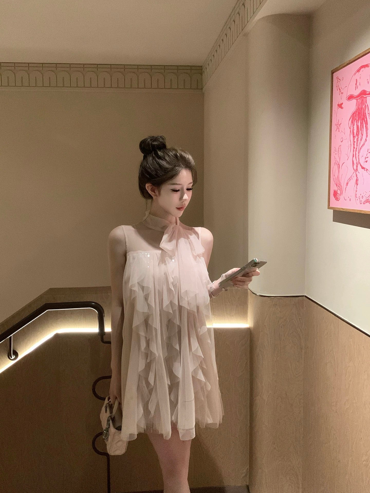 粉雾香氛 蝴蝶结不规则网纱裙 Pink Mist Fragrance Irregular Tulle Dress with Bow