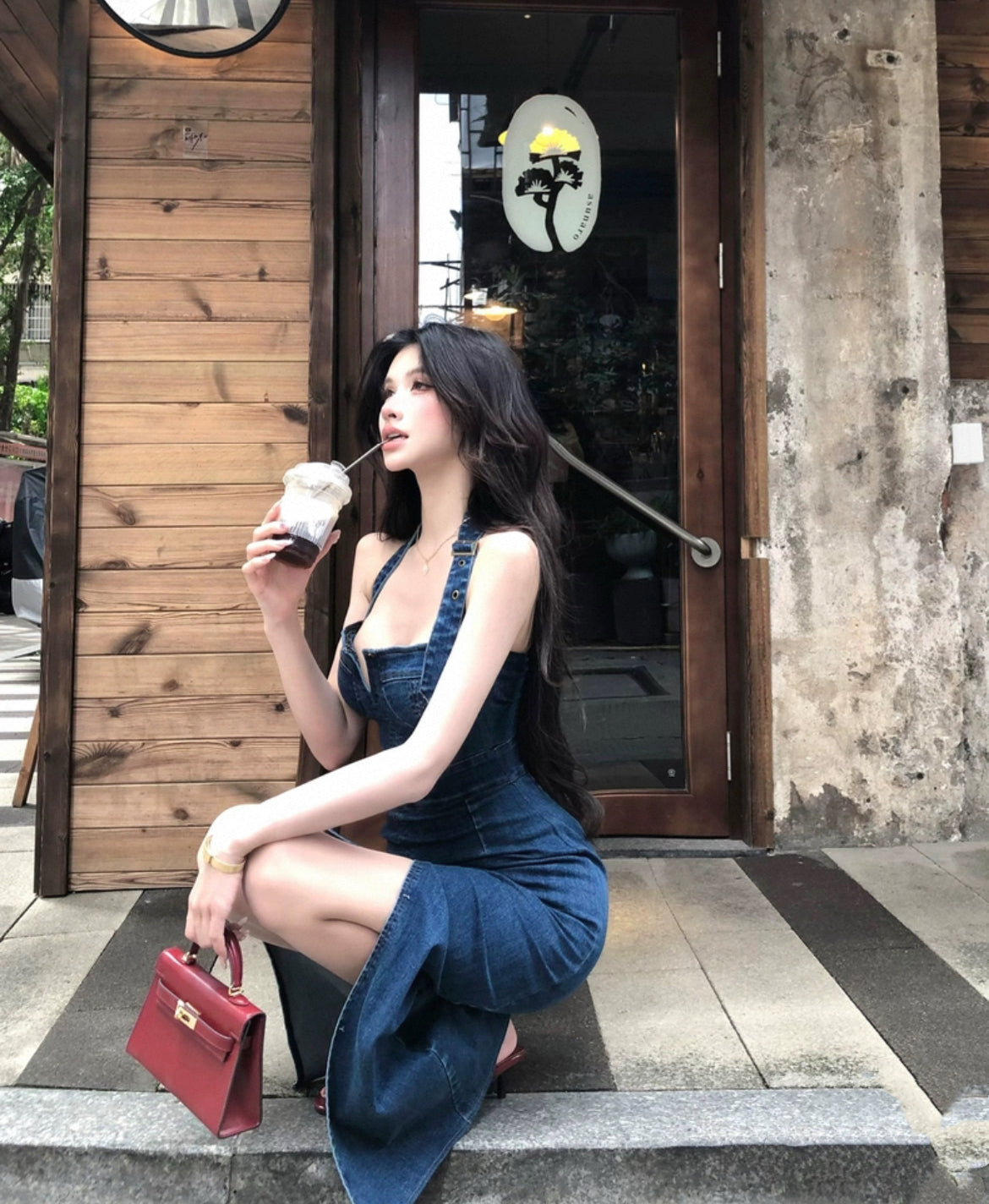 丹蓝物语 牛仔挂脖开叉连衣裙 Danlan Story - Denim Halter Neck Split Dress