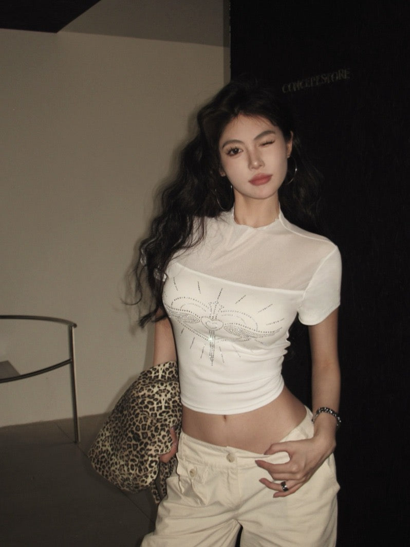 透明情书 立领网纱爱心烫钻透视上衣 Glitter Heart Mesh Patchwork Crop Top