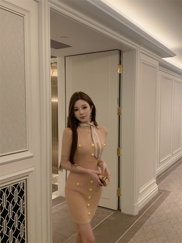 野玫瑰姐姐 曼妙针织金属扣连衣裙 Wild Rose Sister Elegant Knitted Dress with Metal Buttons