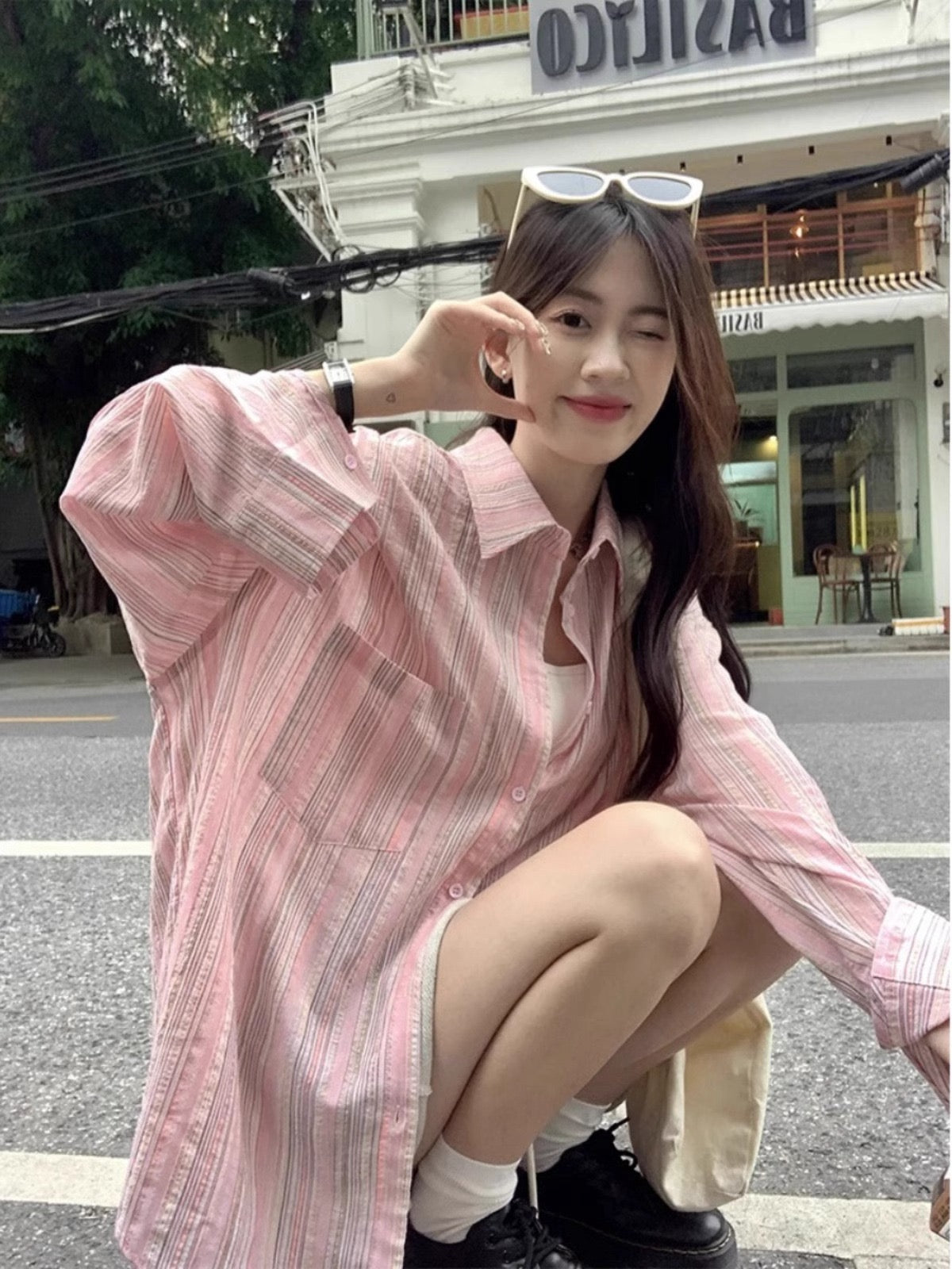 草莓气泡 粉色条纹防晒衬衫 Strawberry Spritz Oversized Sun-Shirt Blouse