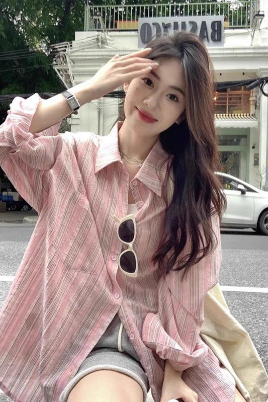 草莓气泡 粉色条纹防晒衬衫 Strawberry Spritz Oversized Sun-Shirt Blouse