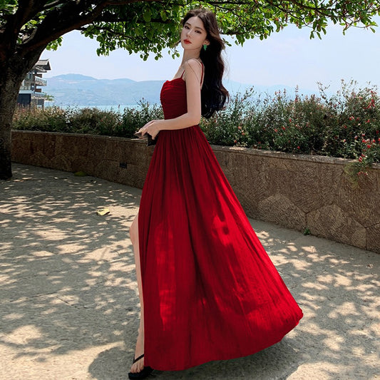 阳光亲吻 露背吊带镂空度假开叉长裙 Sun-kissed Backless Resort Dress