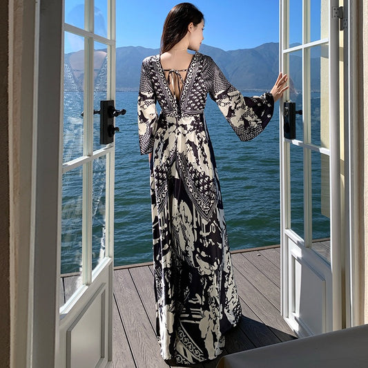 墨色繁花 老钱风印花V领连衣裙Vintage Manor Floral Maxi Dress