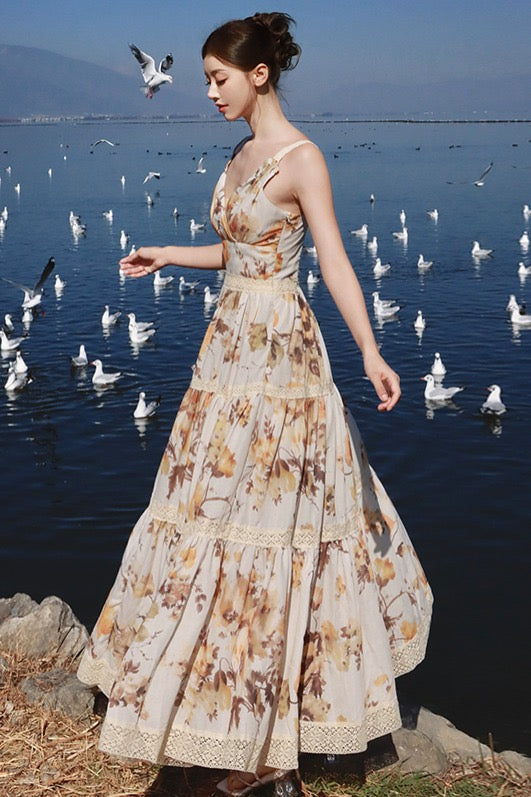 莫奈随笔 V领蕾丝油画印花连衣裙Monet’s Sketch Oil Painting Muse Maxi