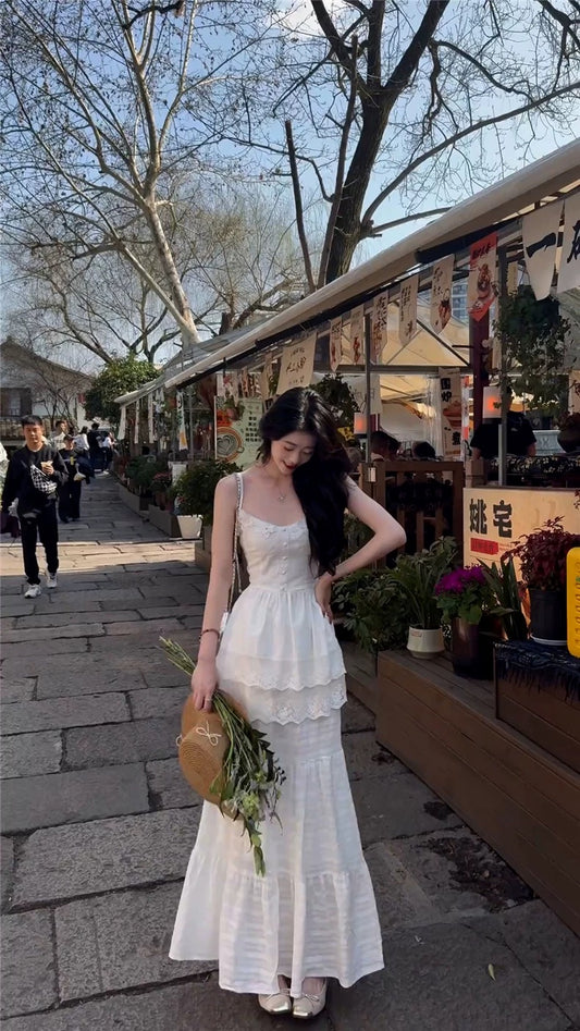 西西里漫花 白色吊带连衣裙/半身裙套装 Sicilian Floral Bloom White Camisole Dress / Two-Piece Skirt Set