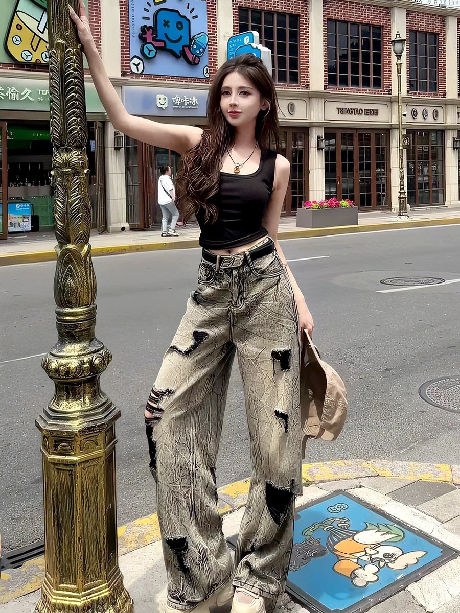 炽热猫咪 背心上衣复古破洞牛仔套装 Hot Kitty Tank Top & Vintage Distressed Denim Set
