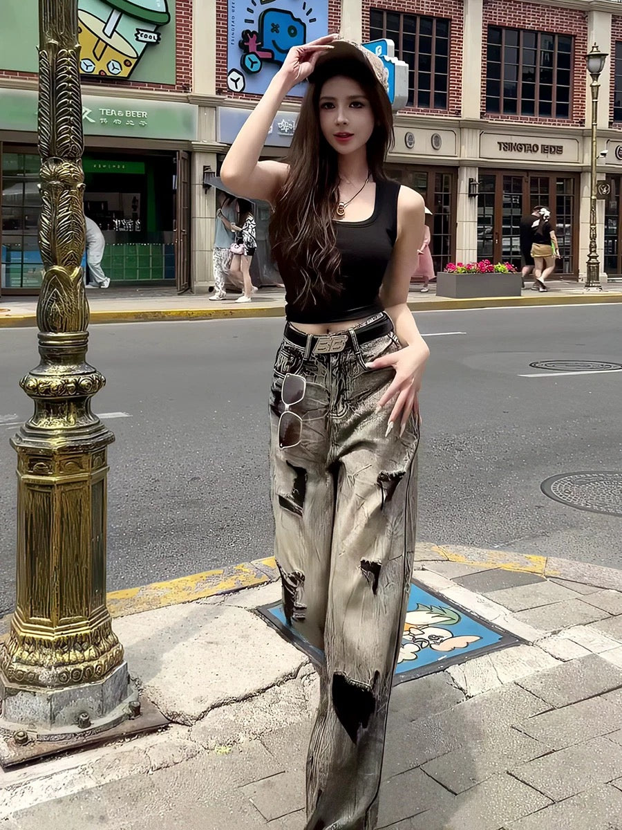 炽热猫咪 背心上衣复古破洞牛仔套装 Hot Kitty Tank Top & Vintage Distressed Denim Set