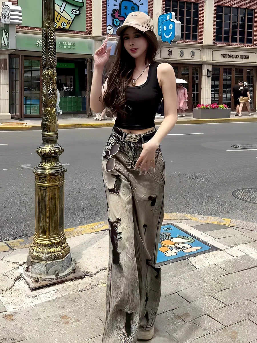 炽热猫咪 背心上衣复古破洞牛仔套装 Hot Kitty Tank Top & Vintage Distressed Denim Set