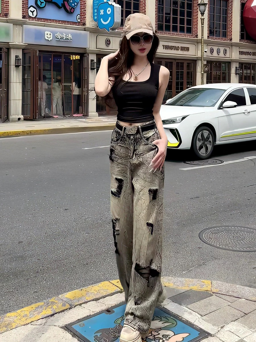 炽热猫咪 背心上衣复古破洞牛仔套装 Hot Kitty Tank Top & Vintage Distressed Denim Set