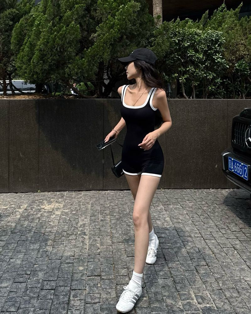 健身女孩 辣妹撞色带胸垫连体裤 Colorblock Padded Jumpsuit for Fit Girls / Sexy Activewear Bodysuit