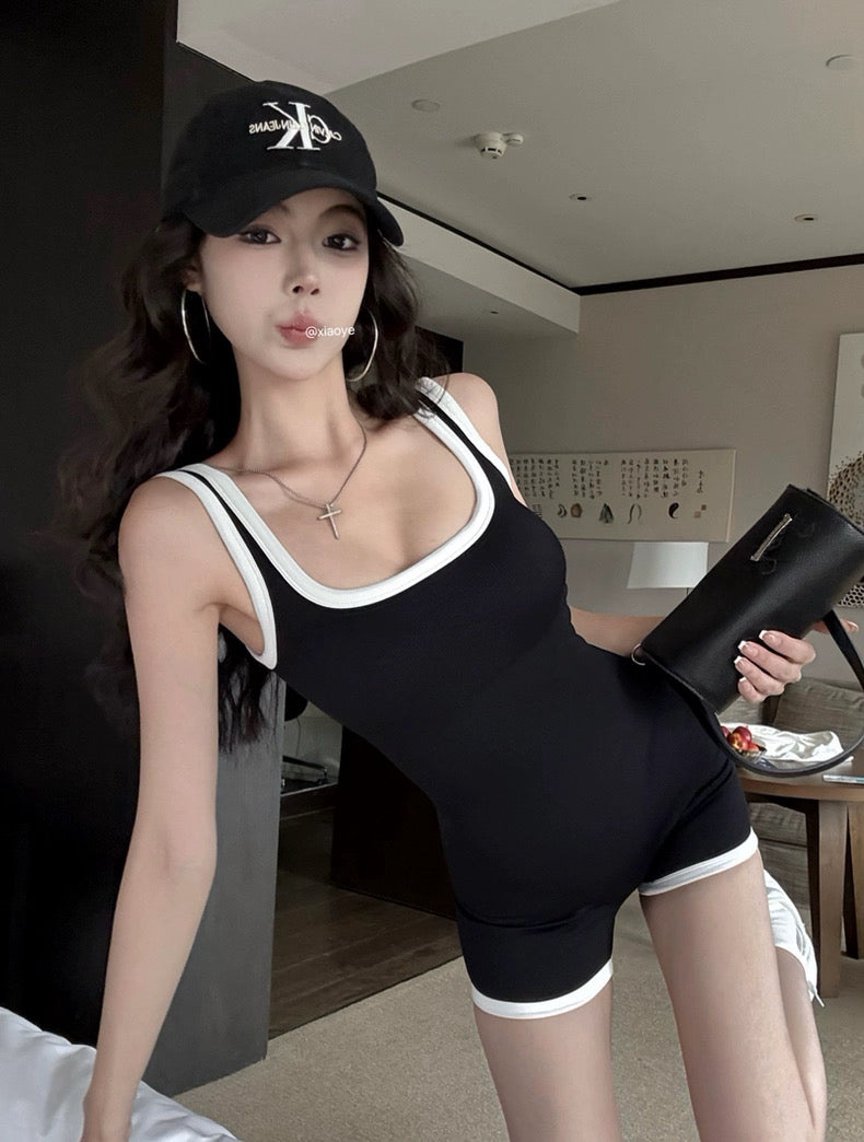 健身女孩 辣妹撞色带胸垫连体裤 Colorblock Padded Jumpsuit for Fit Girls / Sexy Activewear Bodysuit