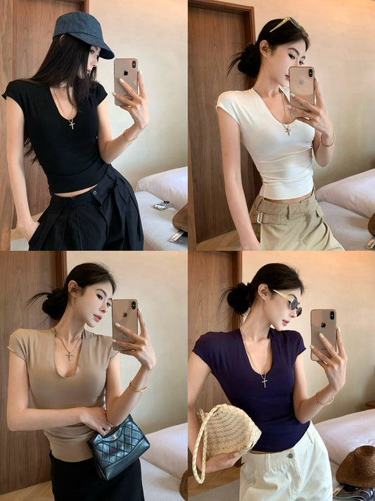 简夏如初 紧身小飞袖弹力显瘦上衣 Always You Slim Fit Cap Sleeve Stretch Top