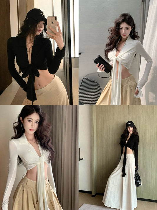 热浪夏风- 辣妹长袖绑带上衣 英文翻译 Tropical Wind– Y2K Tie-Front Long Sleeve Top