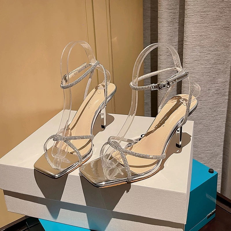 Ladies Heels 仙女方头银色水钻一字带高跟鞋 Ladies Heels Fairy Square Toe Silver Rhinestone Slip-on Pumps