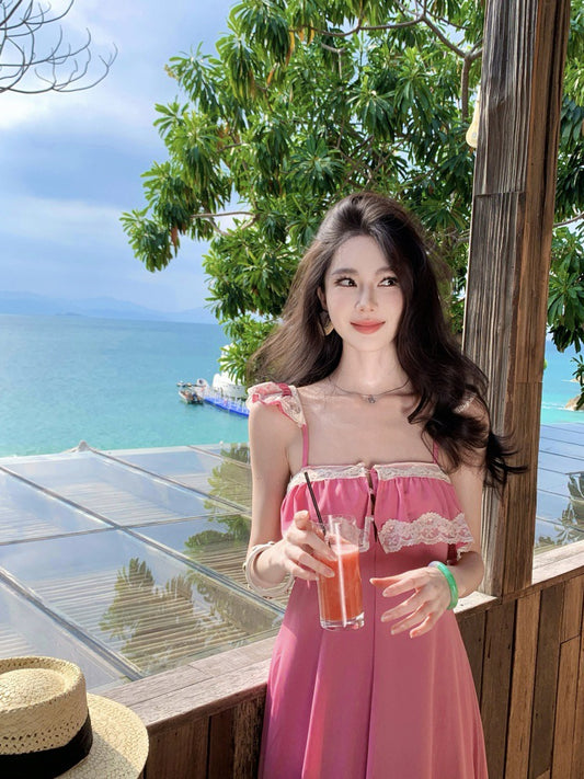 粉紫雪纺 蕾丝花边度假风性感连衣裙 Mauve Pink Chiffon Lace-Up Sexy Flowy Maxi Dress