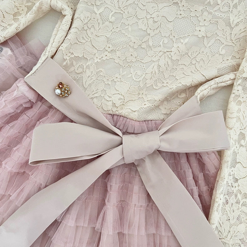 粉荔漫舞 法式蕾丝蓬松蛋糕连衣裙 Pink Lychee Waltz French Lace Puffy Tiered Dress