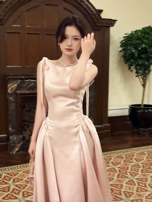 天鹅湖畔 法式缎面粉色蝴蝶结连衣裙 Swan Lake french satin pink bow dress