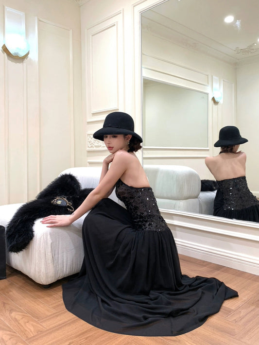 暗夜缪斯 黑色亮片露背连衣裙 Dark Night Muse Black Sequin Backless Dress
