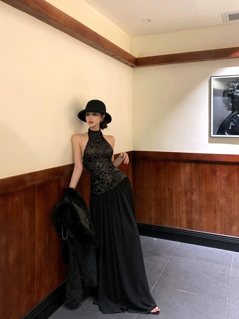 暗夜缪斯 黑色亮片露背连衣裙 Dark Night Muse Black Sequin Backless Dress