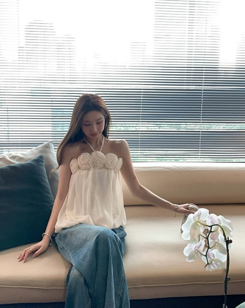 优雅玫瑰 温柔风挂脖吊带气质上衣 Elegant Rose Gentle Style Halter Camisole Top