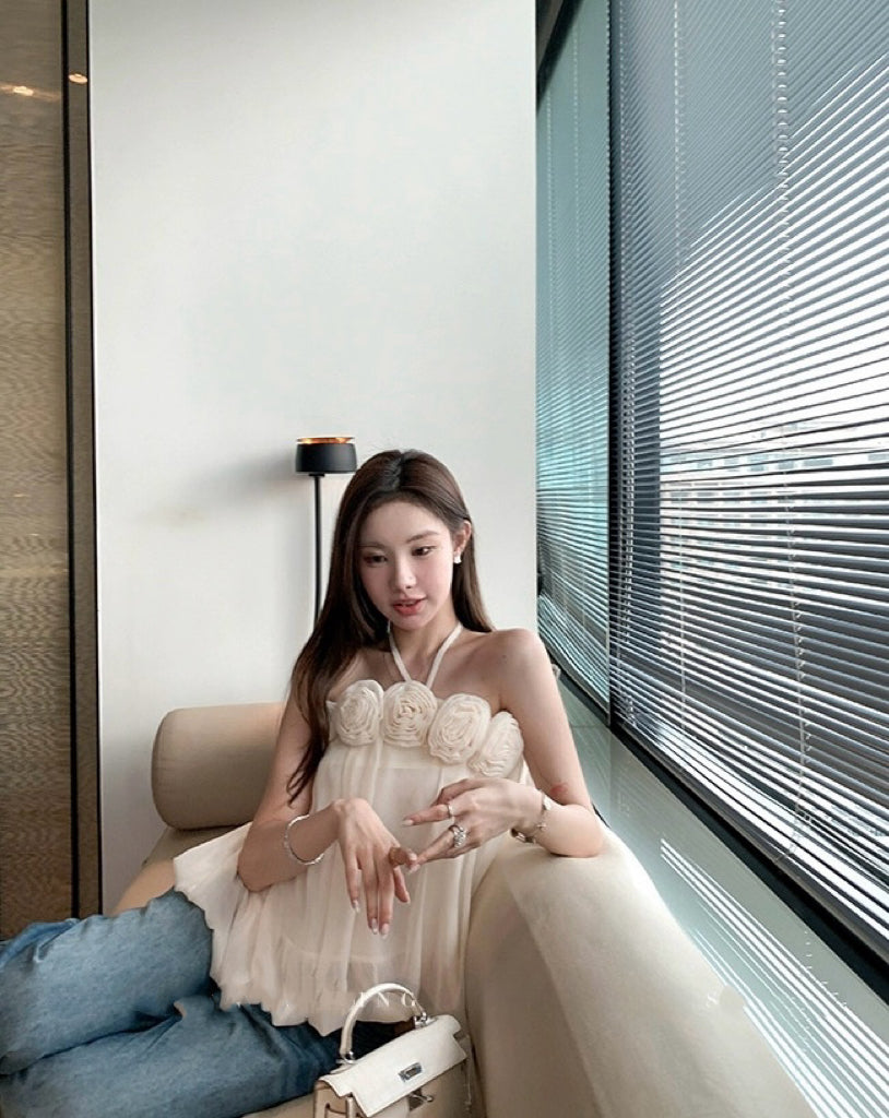 优雅玫瑰 温柔风挂脖吊带气质上衣 Elegant Rose Gentle Style Halter Camisole Top