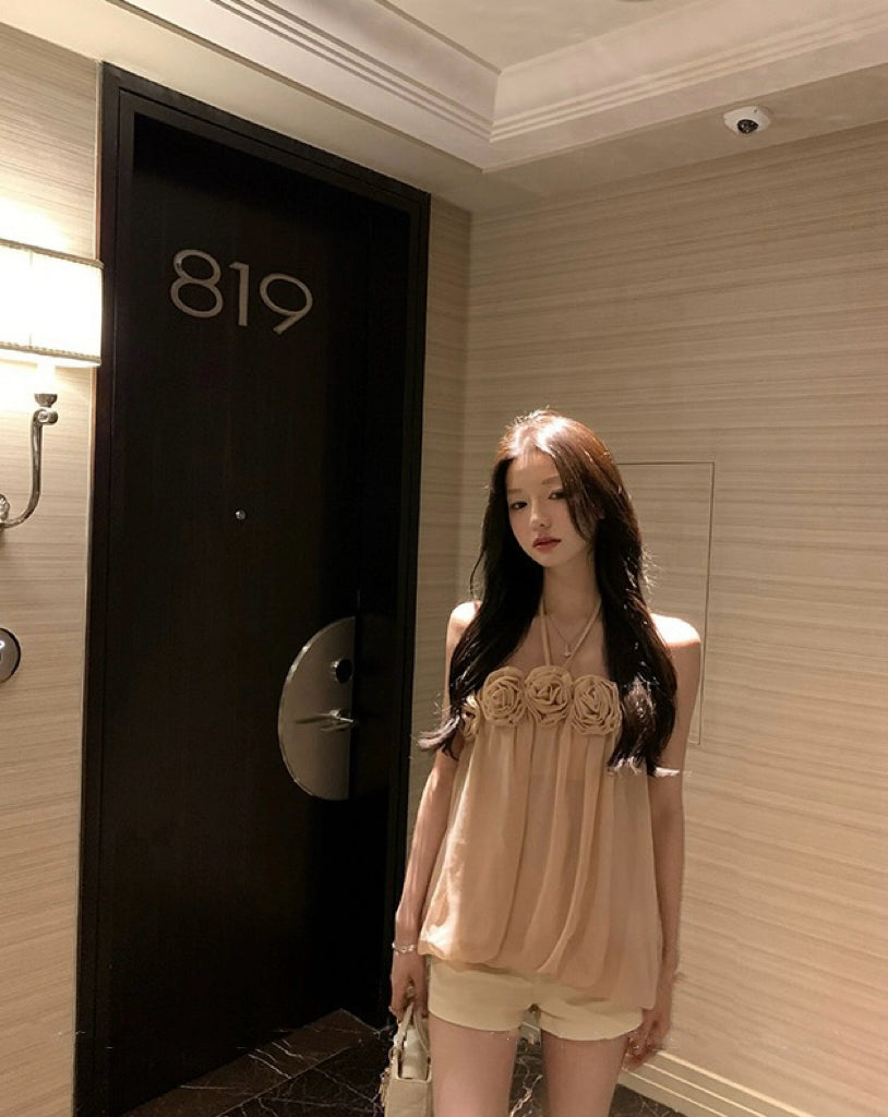 优雅玫瑰 温柔风挂脖吊带气质上衣 Elegant Rose Gentle Style Halter Camisole Top